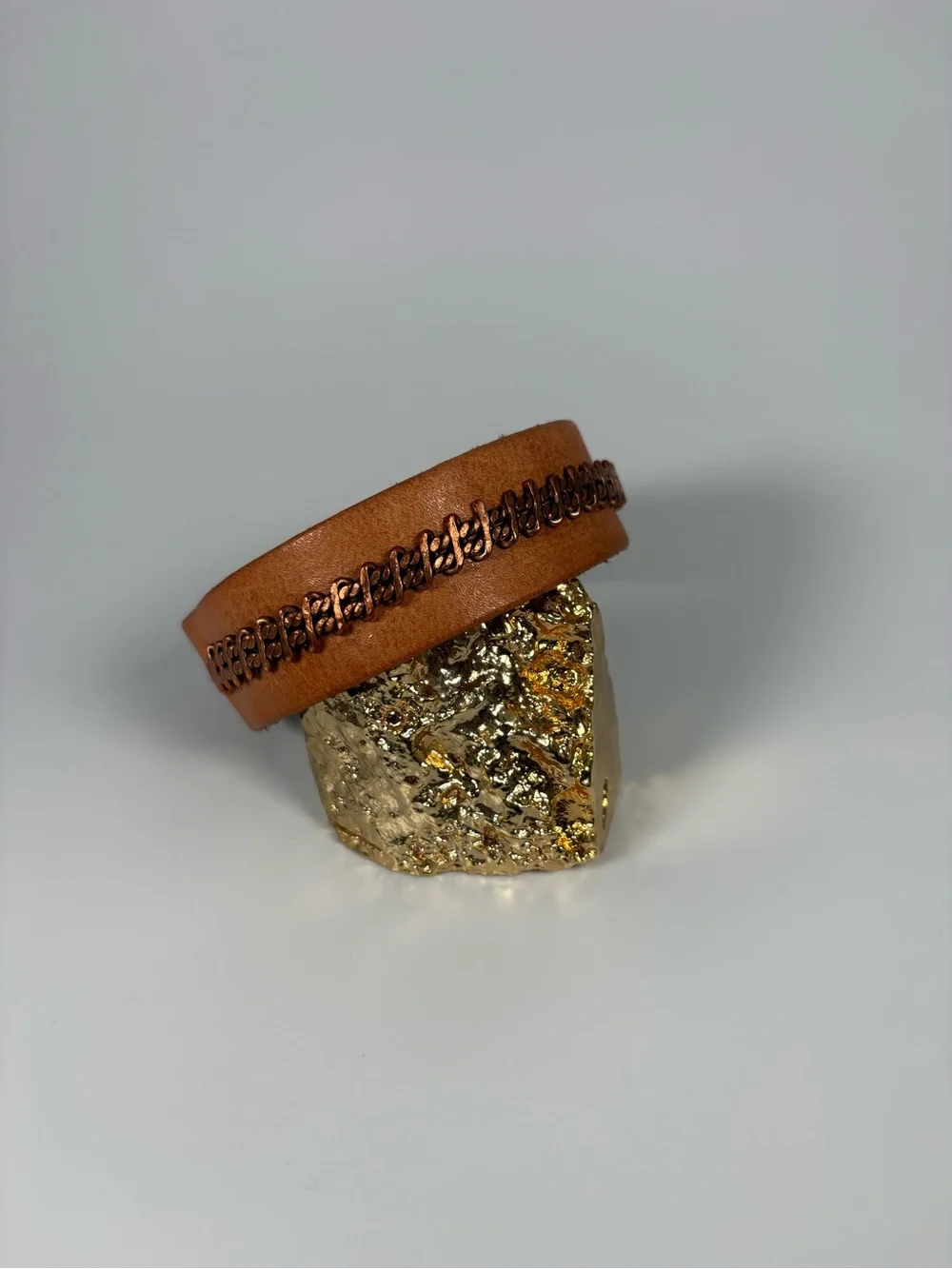 Tan Leather Bracelet with Copper Braided Accent Interior Cuff - Custom Piece
